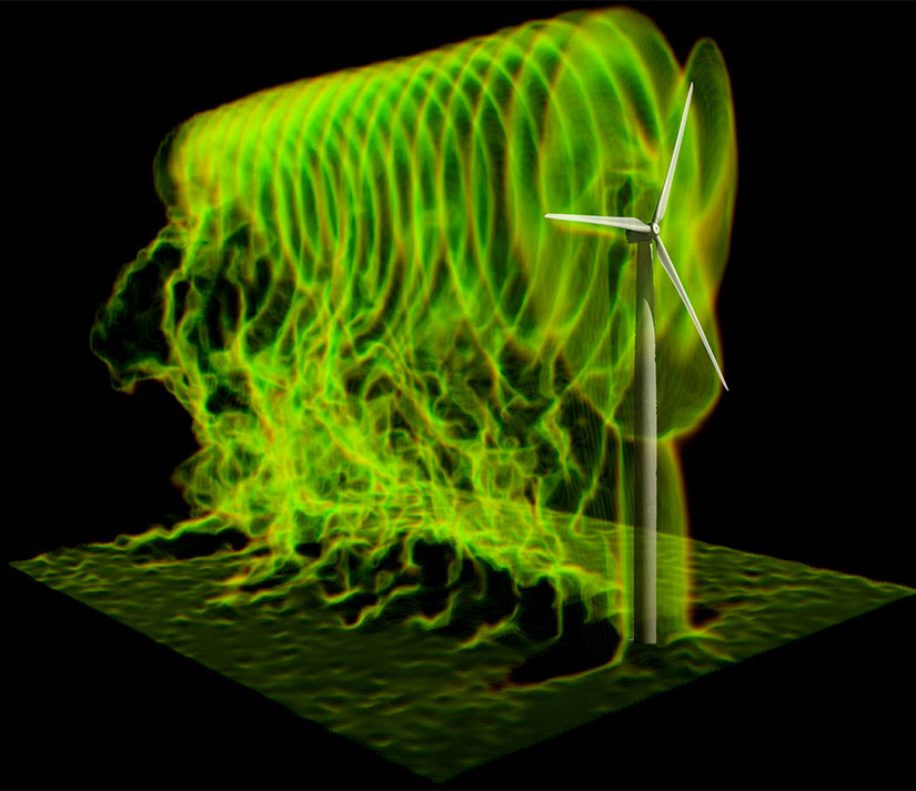 Graphic, wind turbine with swirling wind vortex trailing behind