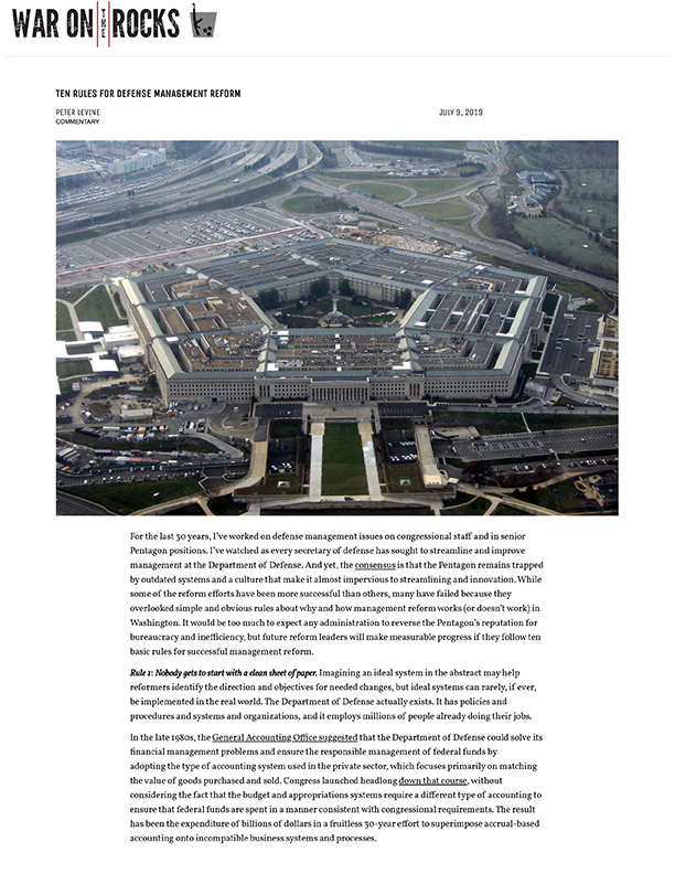 article cover, War on the Rocks, Ten Rules for Defense Management Reform